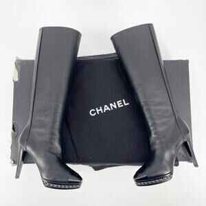 Chanel Black Lambskin CC Cap Toe Chain Detail Knee High Heel Boot size EU 37
